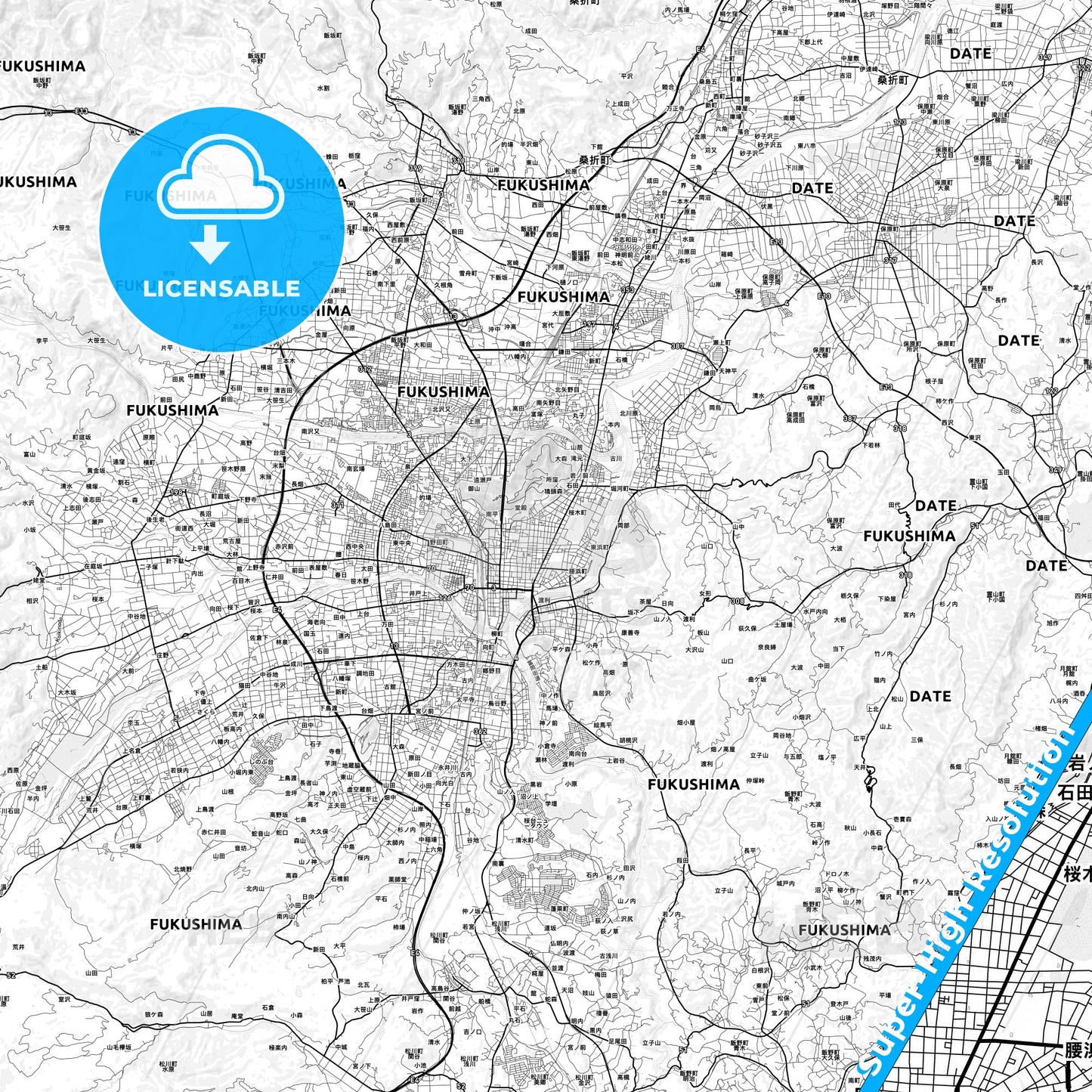 Fukushima, Japan light map with streetnames, citynames and districts