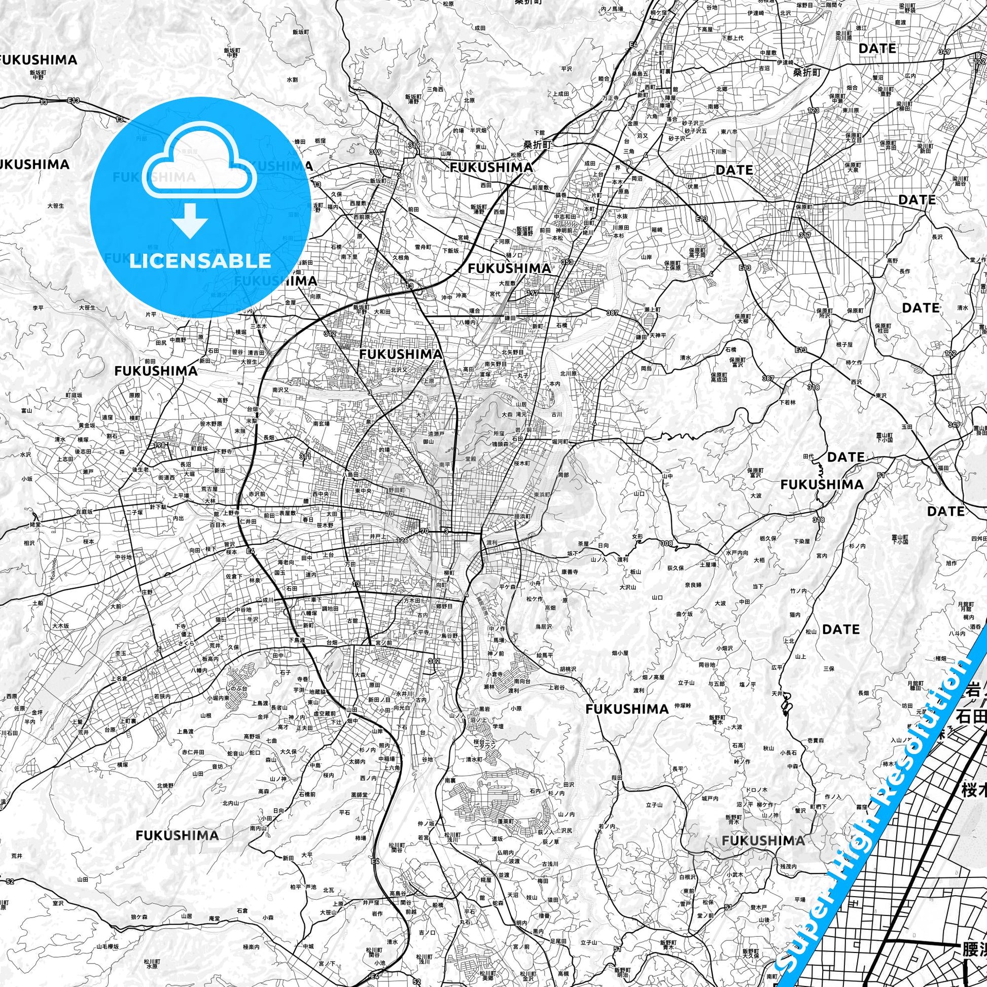 Fukushima, Japan light map with streetnames, citynames and districts