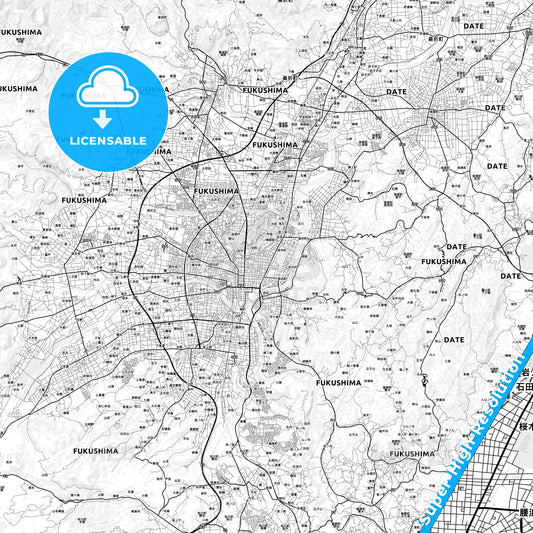 Fukushima, Japan light map with streetnames, citynames and districts