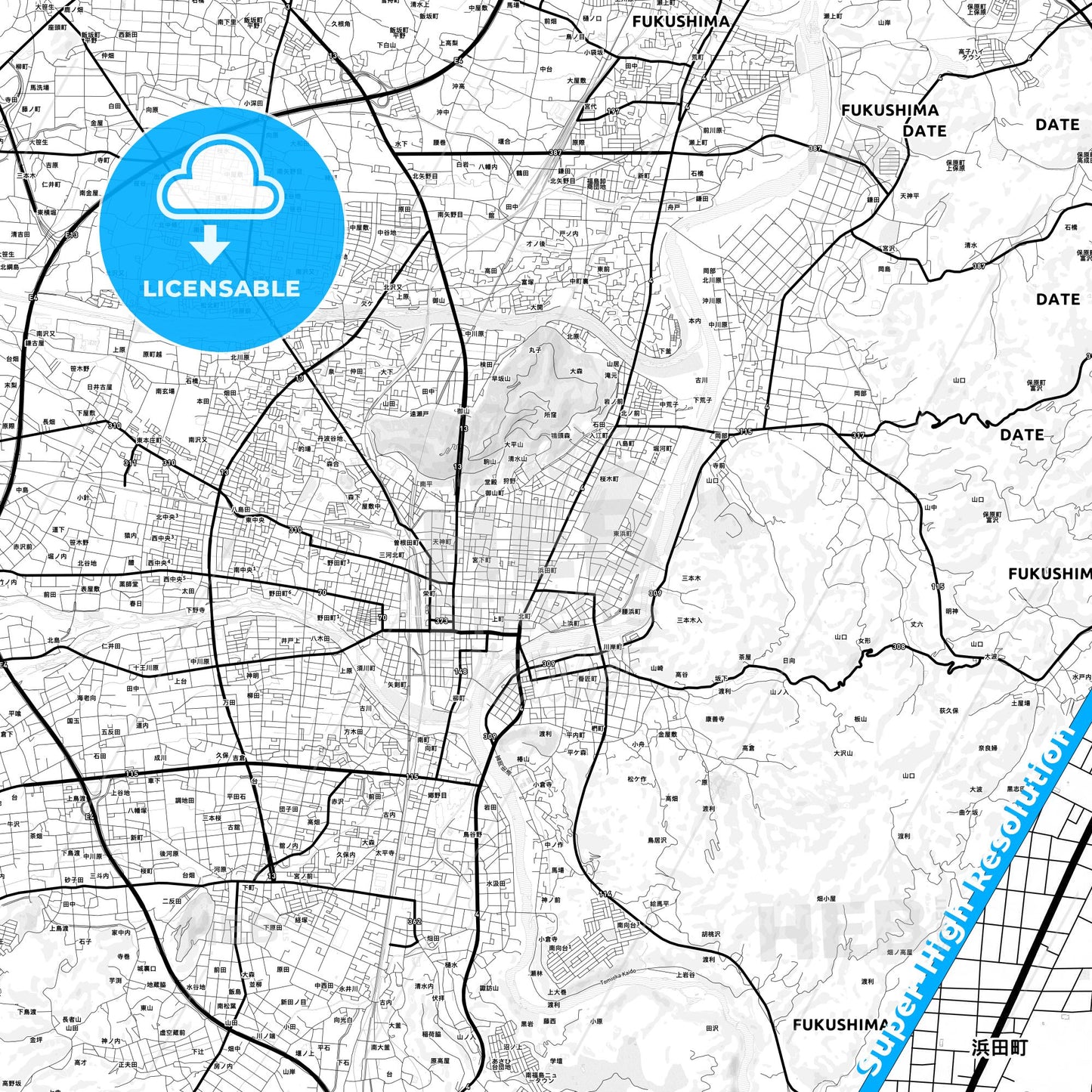 Fukushima, Japan Light Map with Street Names, City Names, and Districts