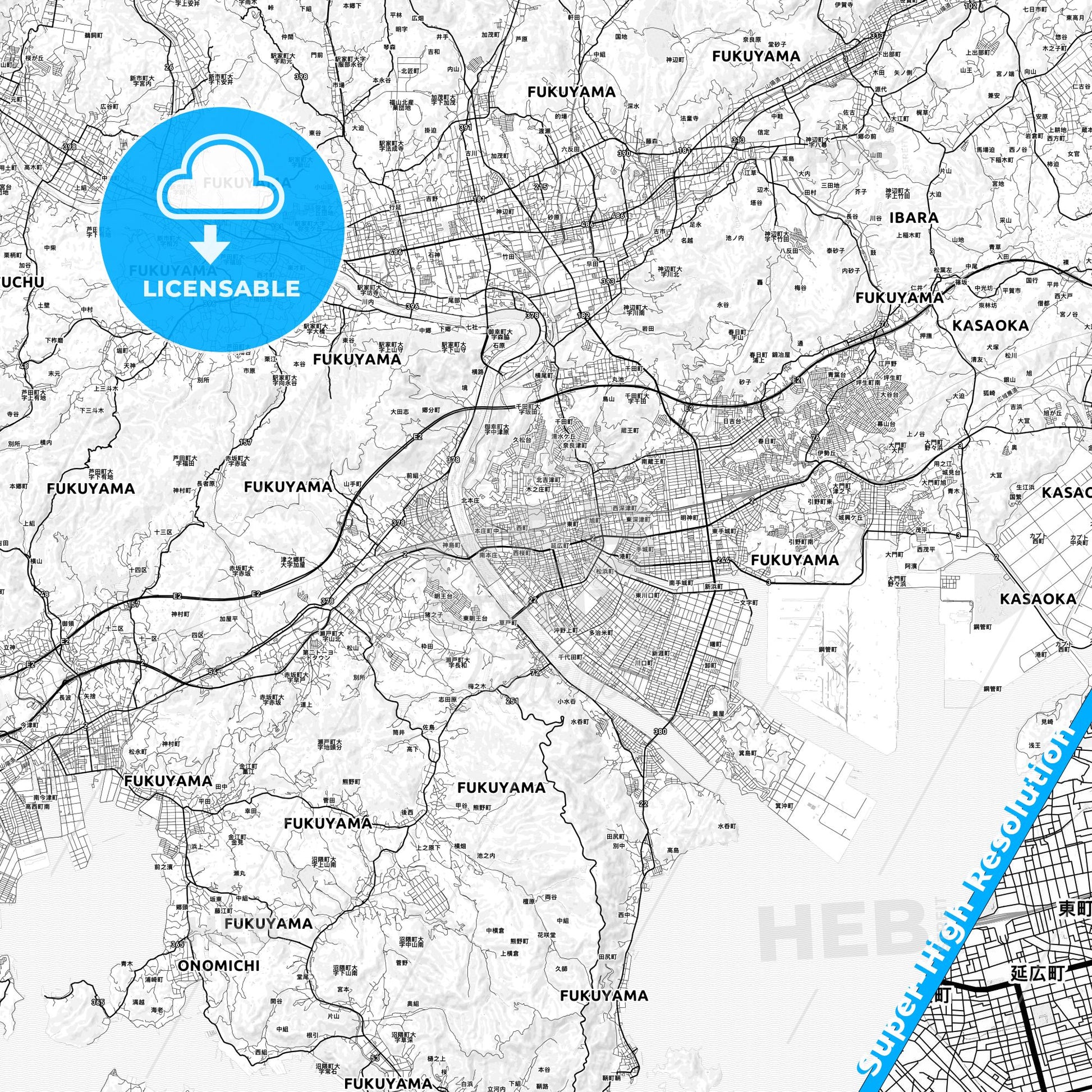 Fukuyama, Japan light map with streetnames, citynames and districts