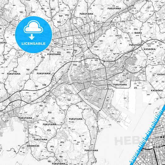 Fukuyama, Japan light map with streetnames, citynames and districts