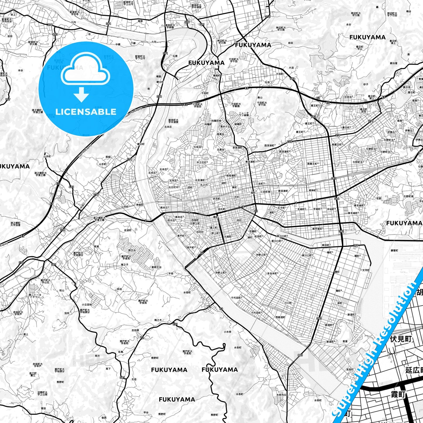 Fukuyama, Japan Light Map with Street Names, City Names, and Districts
