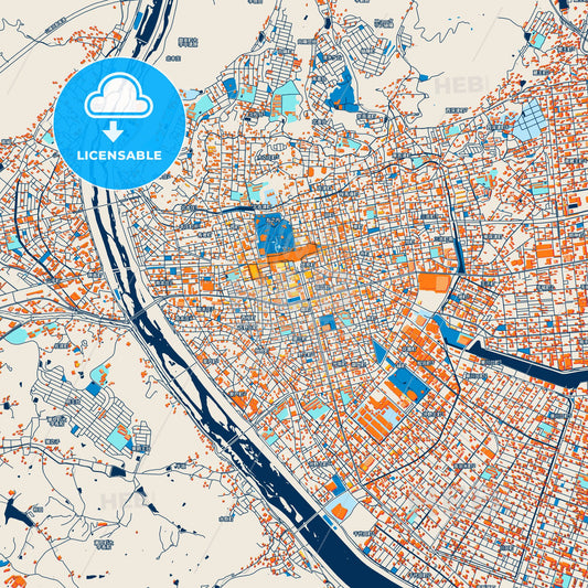 Colorful Fukuyama Street Map with Labels and Buildings