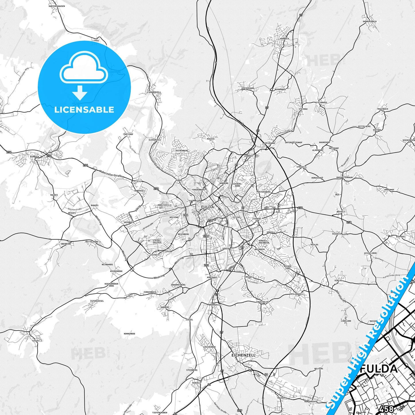 Fulda, Germany light map with streetnames, citynames and districts