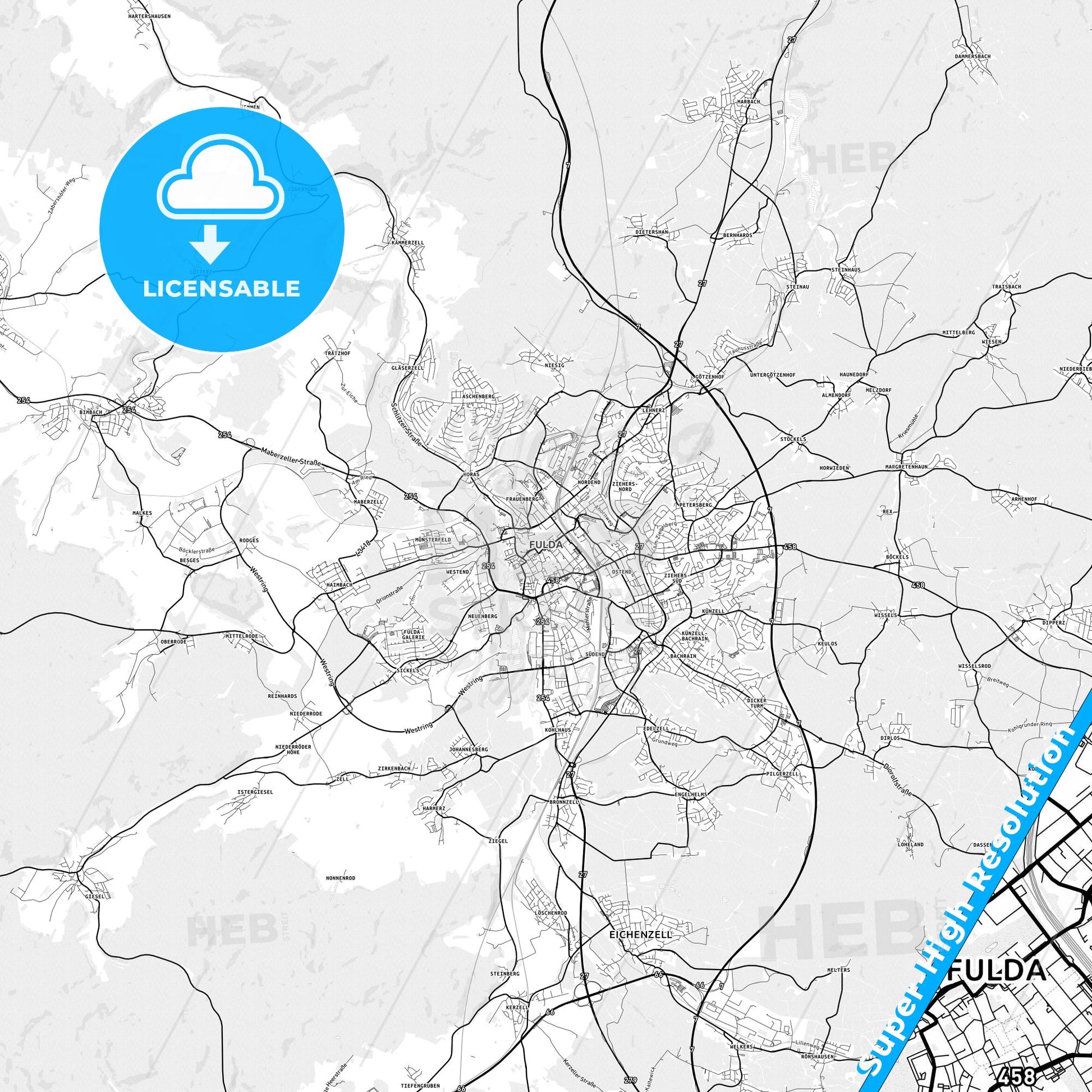 Fulda, Germany light map with streetnames, citynames and districts
