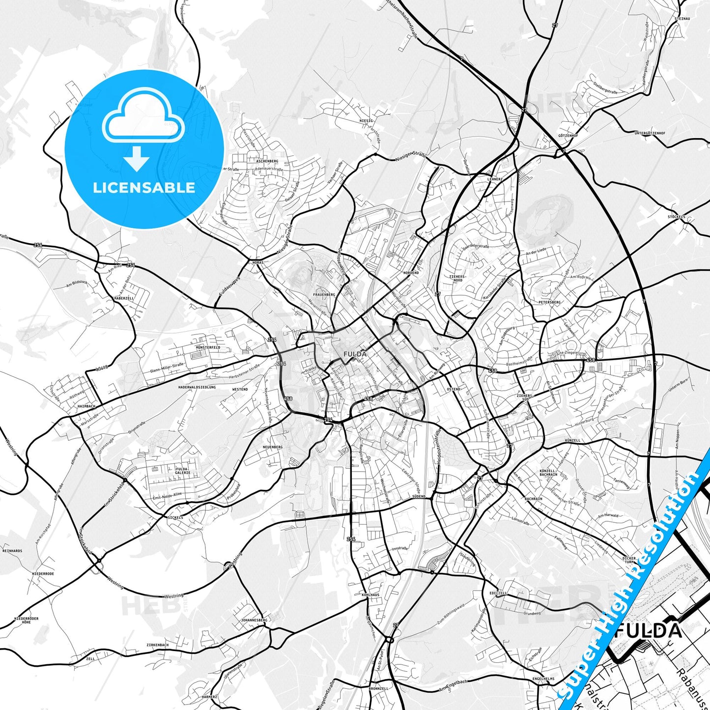 Fulda, Germany Light Map with Street Names, City Names, and Districts