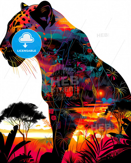Colorful pop art painting of a panther in silhouette with double exposure of vibrant African savannah sunset