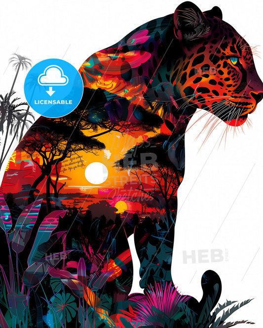 Side silhouette vibrant pop art panther double exposure sunset Africa tiger savannah painting art