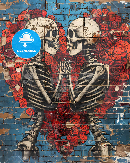 Vibrant Pop Art Mural: Skeletons and Roses in Intricate Botanical Embrace