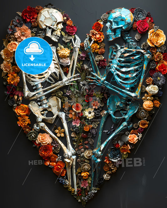 Floral Pop Art Heart Skeleton Embrace with Museum Pop Culture Backdrop, Botanical Bohemian Art Inspired by Frazetta and Wrightson