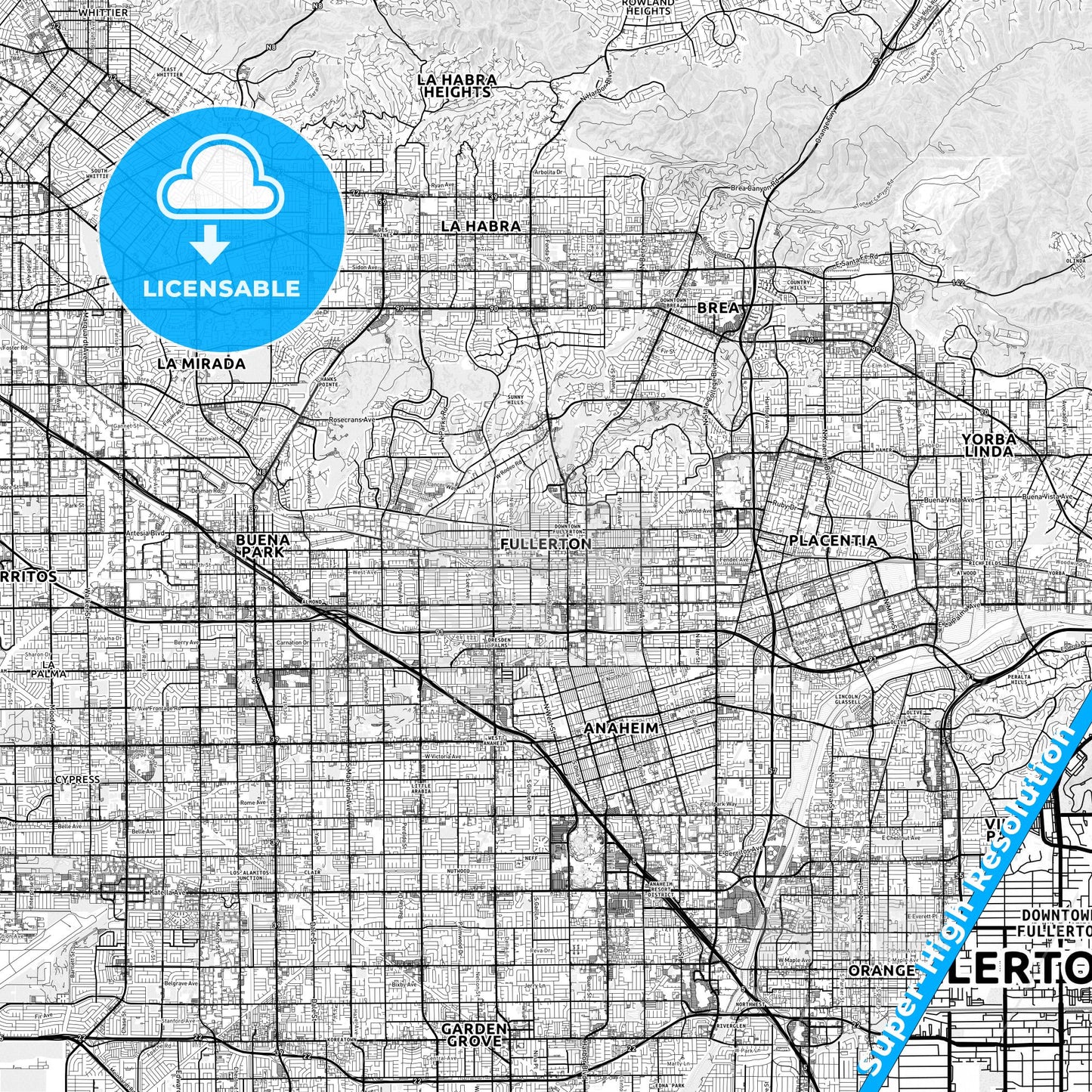 Fullerton, California light map with streetnames, citynames and districts