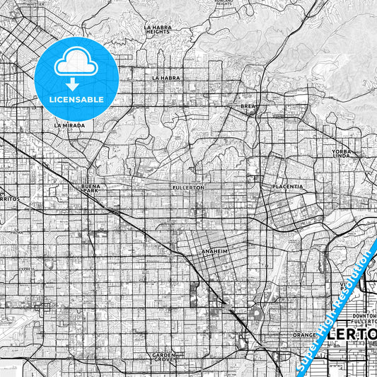 Fullerton, California light map with streetnames, citynames and districts