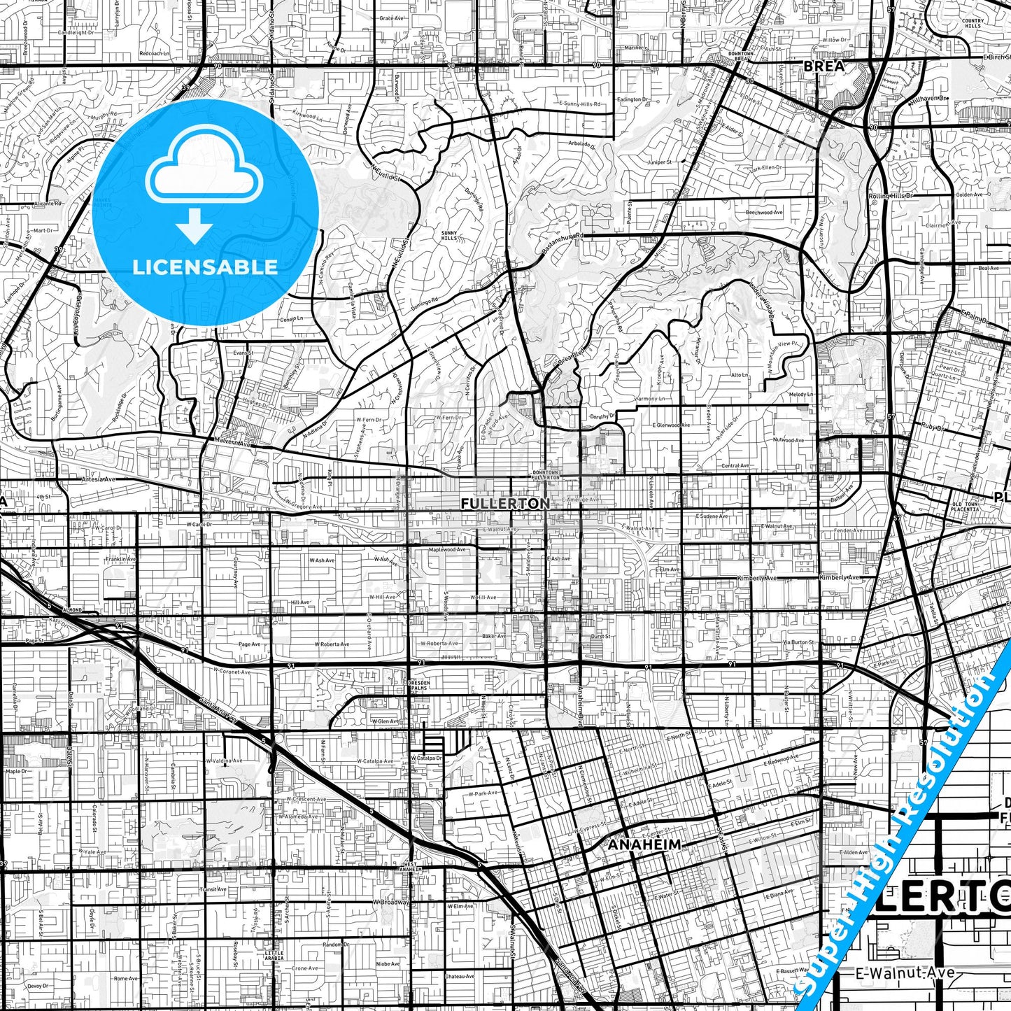 Fullerton, California Light Map with Street Names, City Names, and Districts