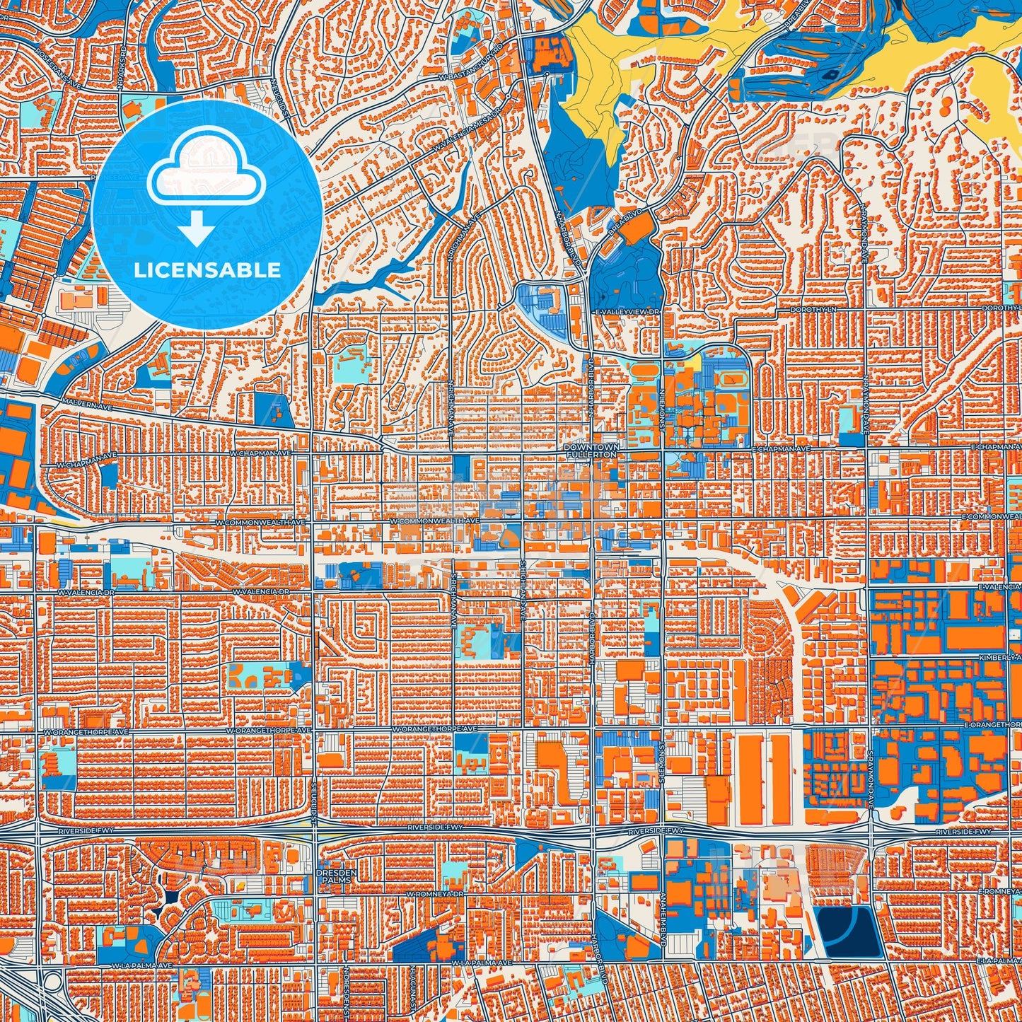 Colorful Fullerton Street Map with Labels and Buildings