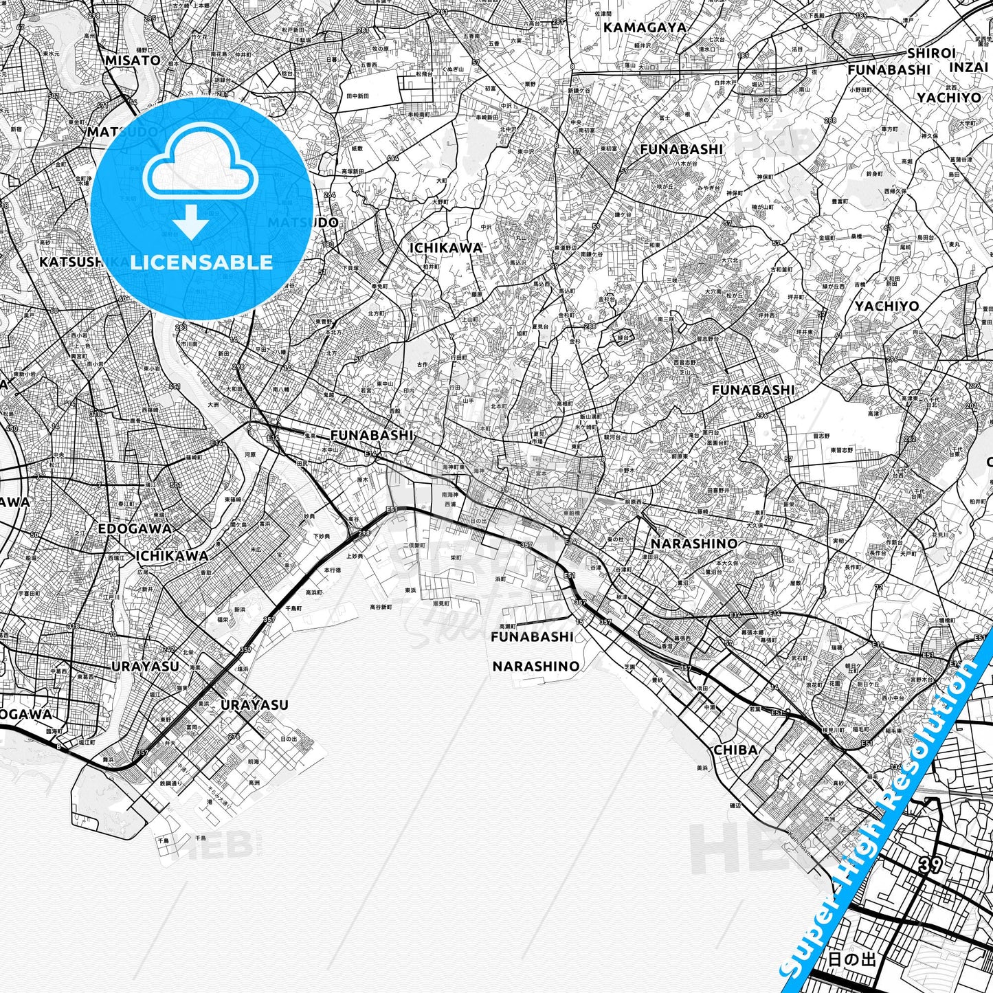 Funabashi, Japan light map with streetnames, citynames and districts
