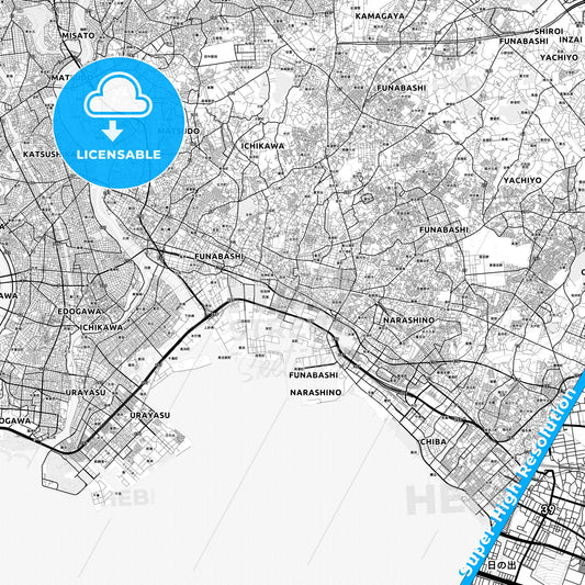 Funabashi, Japan light map with streetnames, citynames and districts