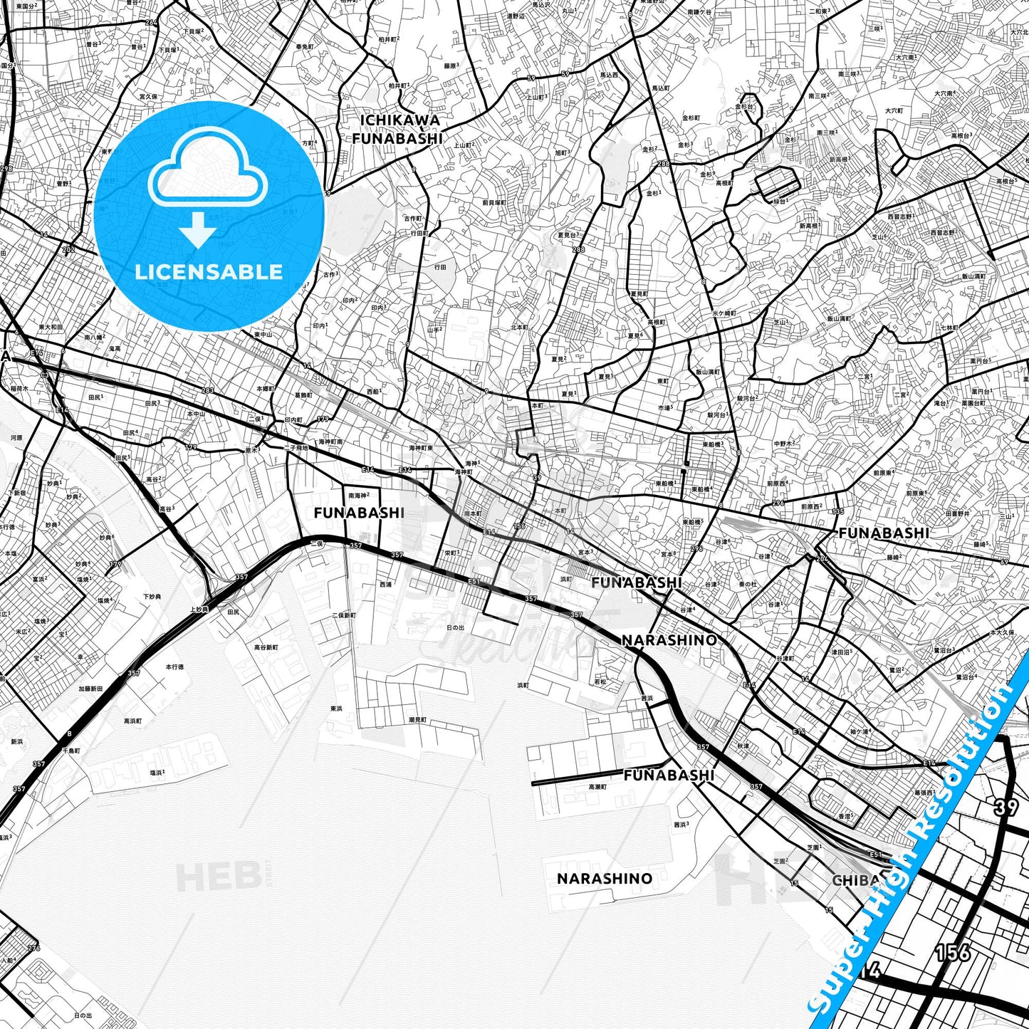 Funabashi, Japan Light Map with Street Names, City Names, and Districts