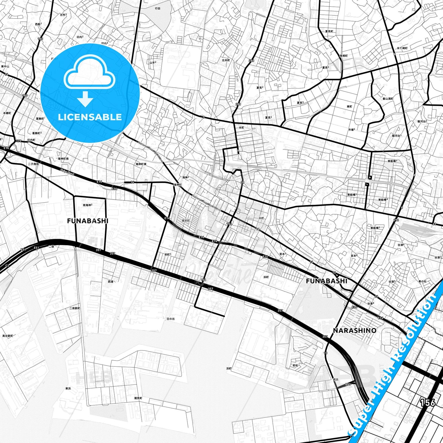 Funabashi, Japan Light Map with Street Names, City Names, and Districts
