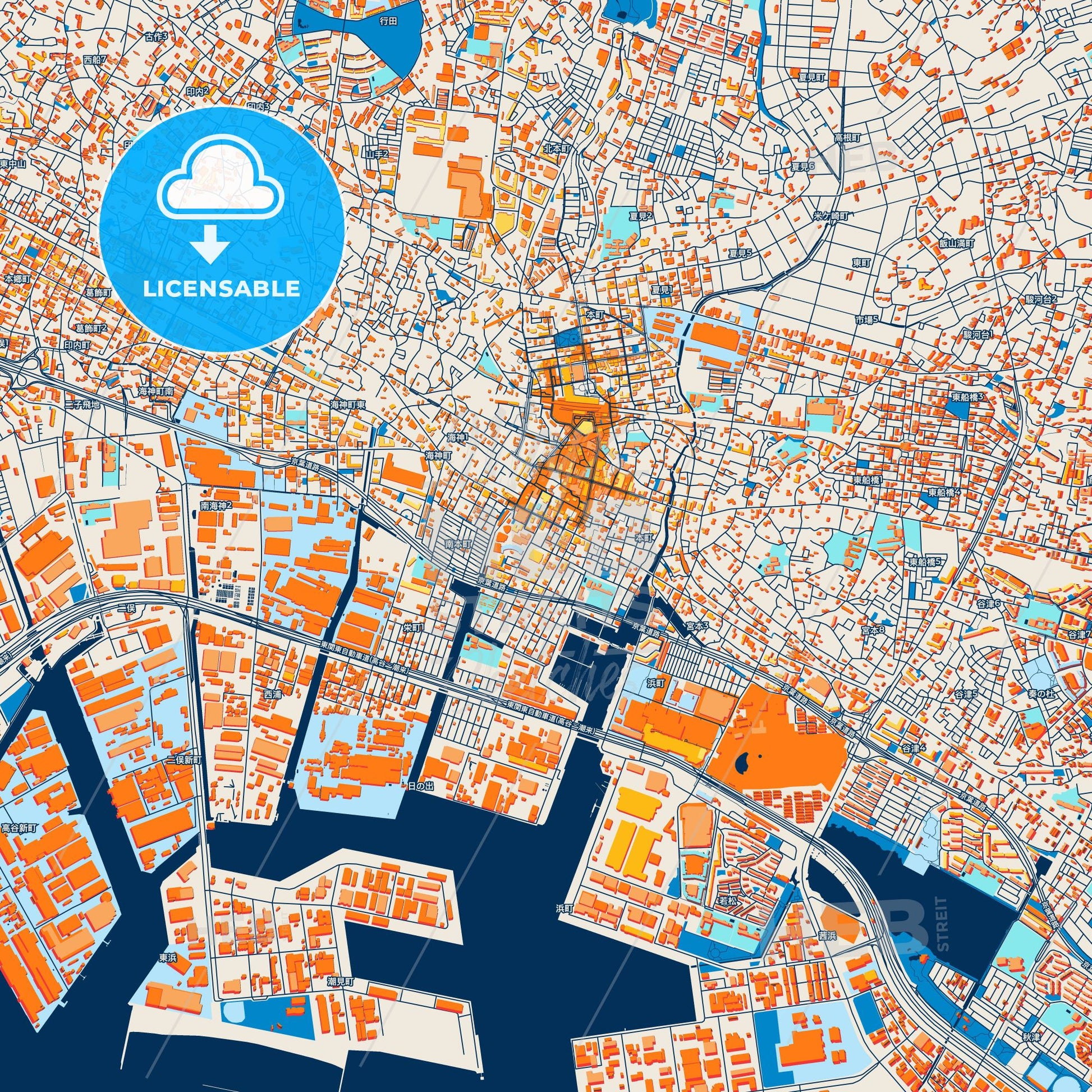 Colorful Funabashi Street Map with Labels and Buildings
