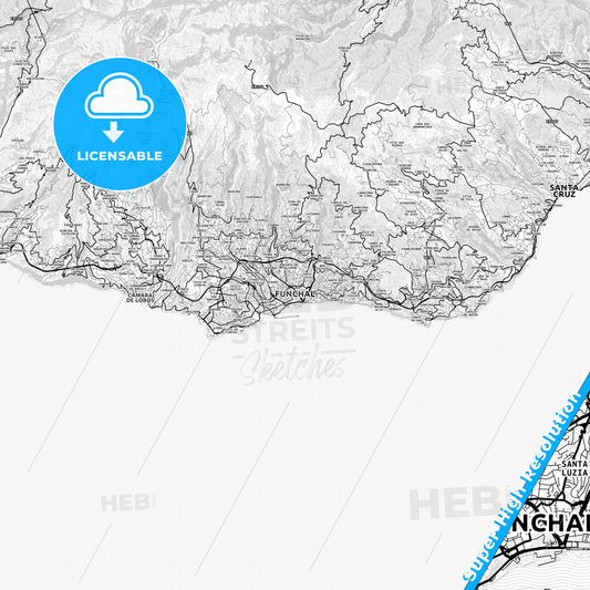 Funchal, Portugal light map with streetnames, citynames and districts