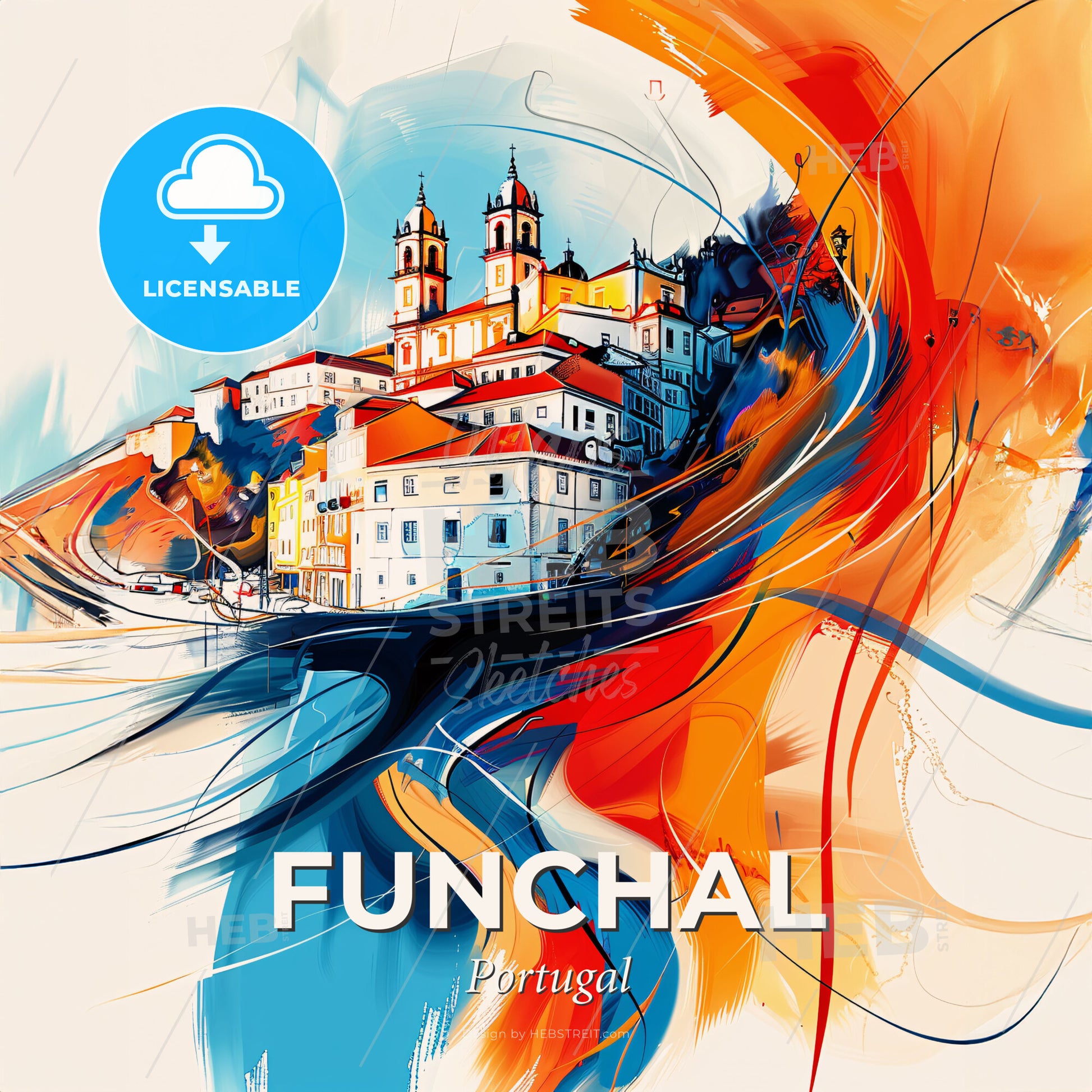 Vibrant Funchal, Portugal - A Painting Of A Building On A Hill - Square format print template