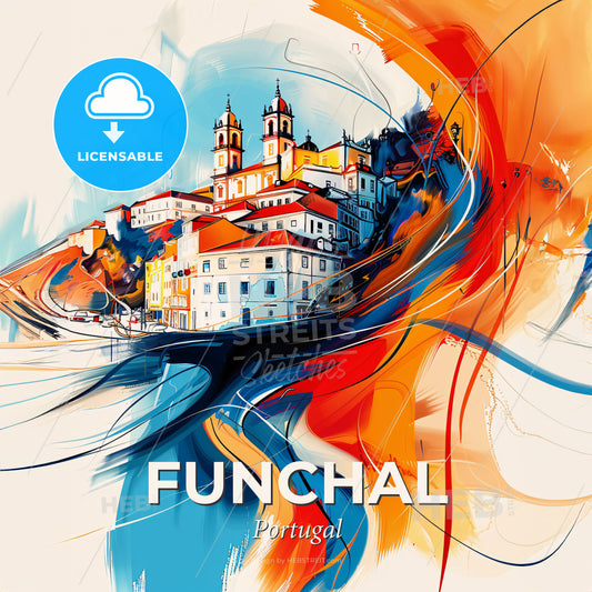 Vibrant Funchal, Portugal - A Painting Of A Building On A Hill - Square format print template