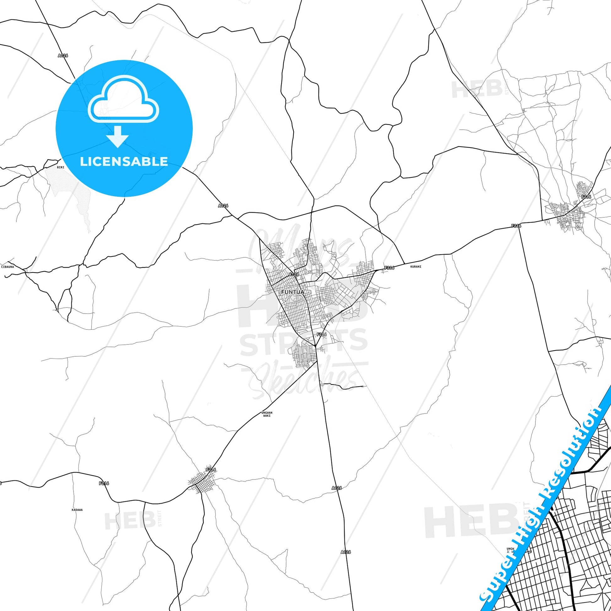 Funtua, Nigeria light map with streetnames, citynames and districts