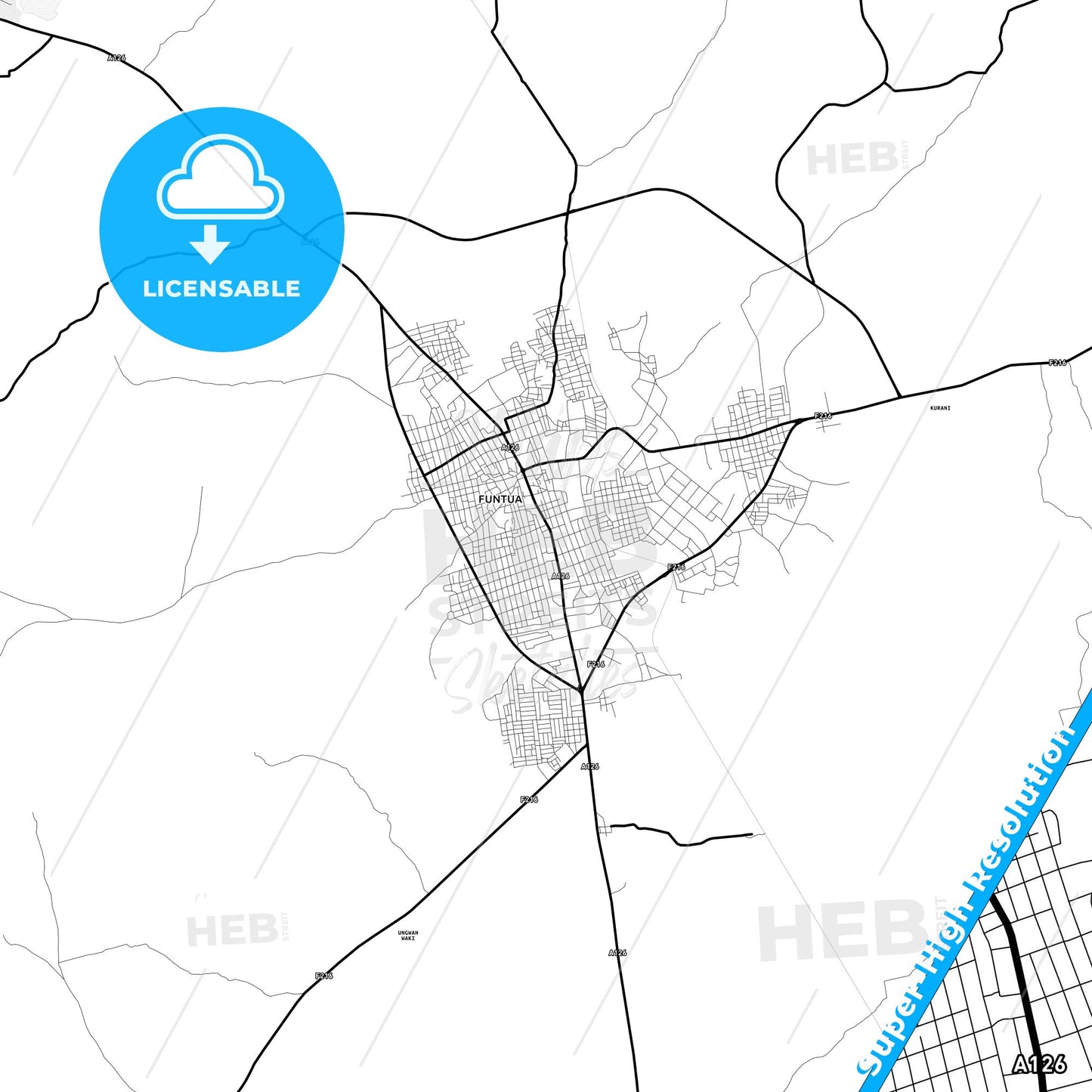 Funtua, Nigeria Light Map with Street Names, City Names, and Districts