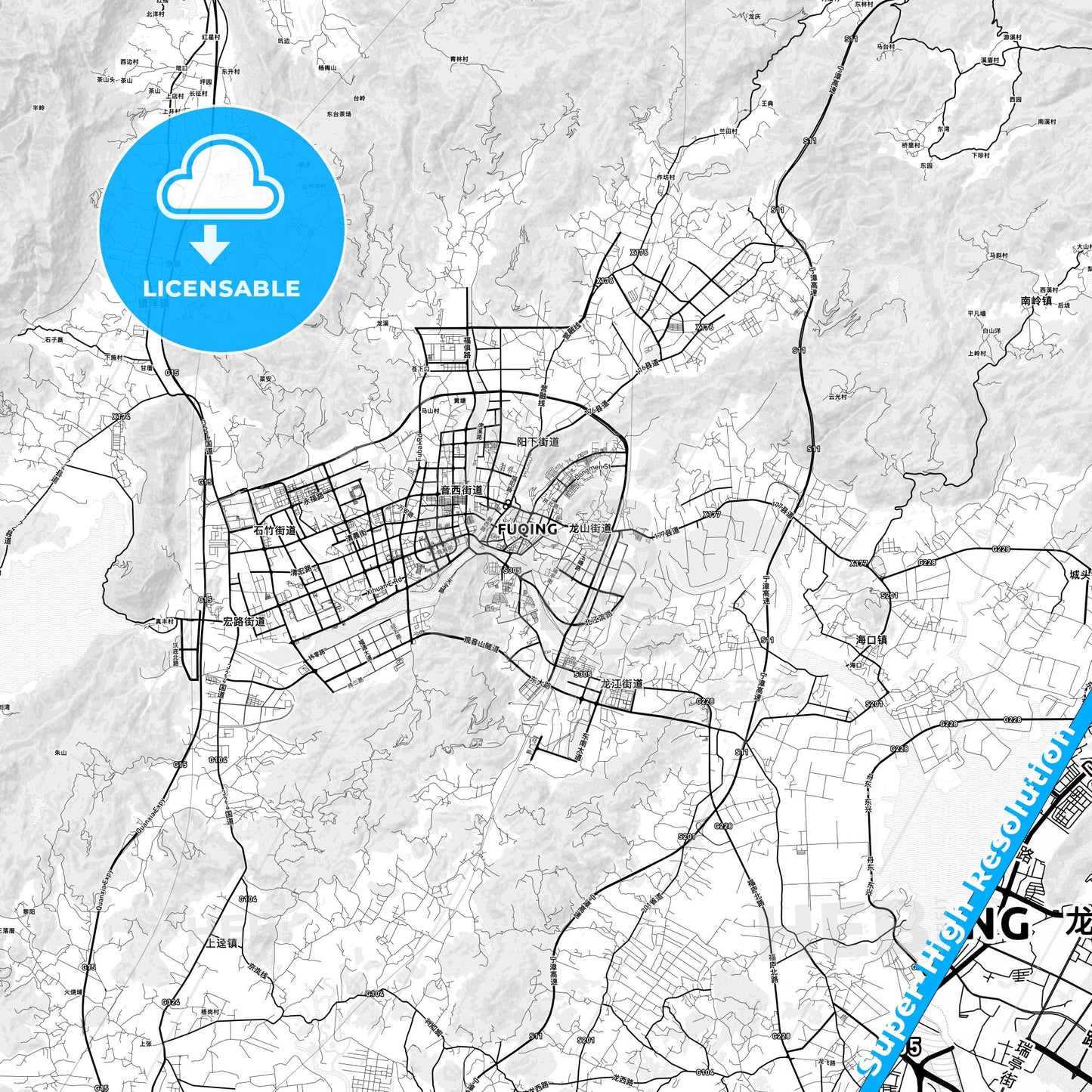 Fuqing, China light map with streetnames, citynames and districts