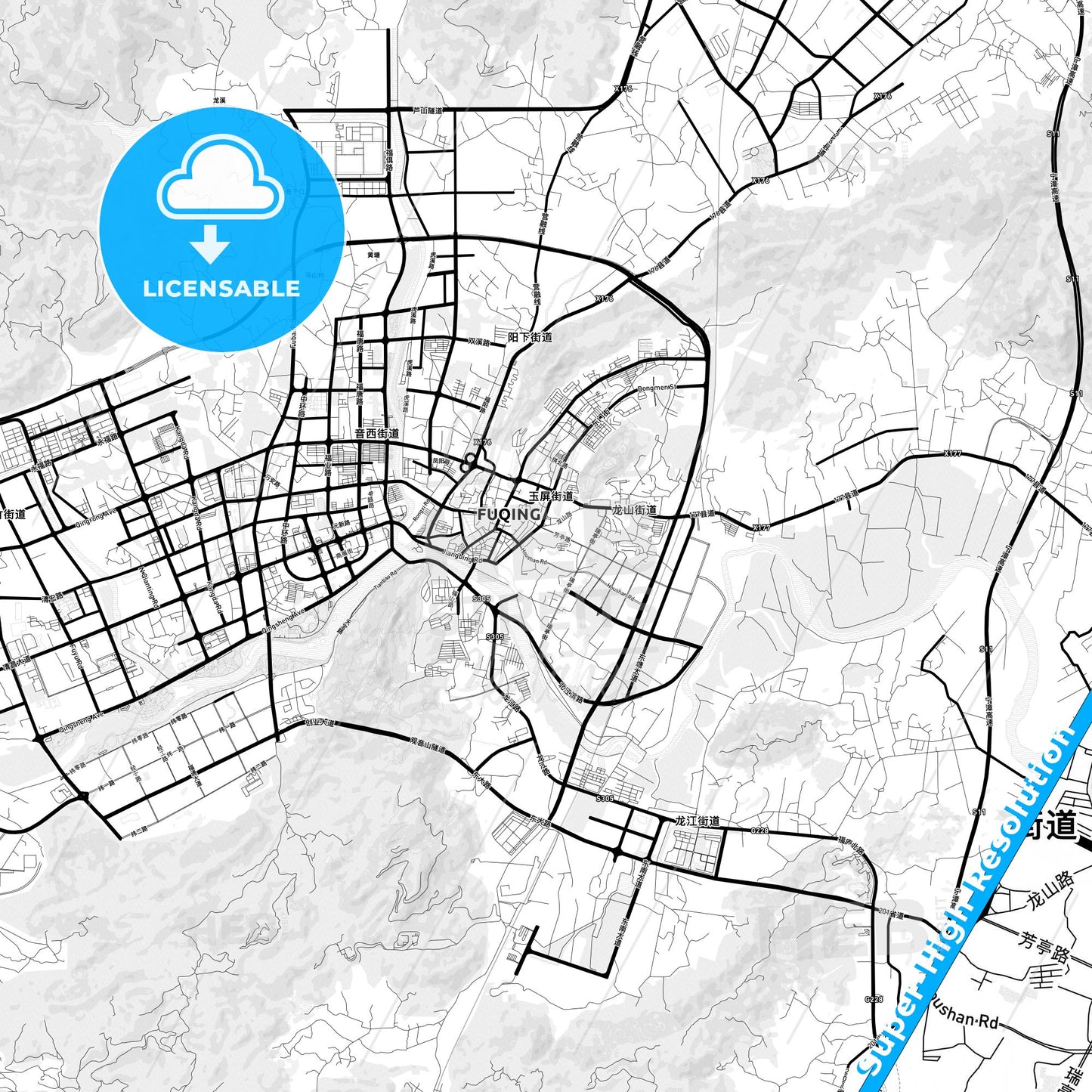 Fuqing, China Light Map with Street Names, City Names, and Districts