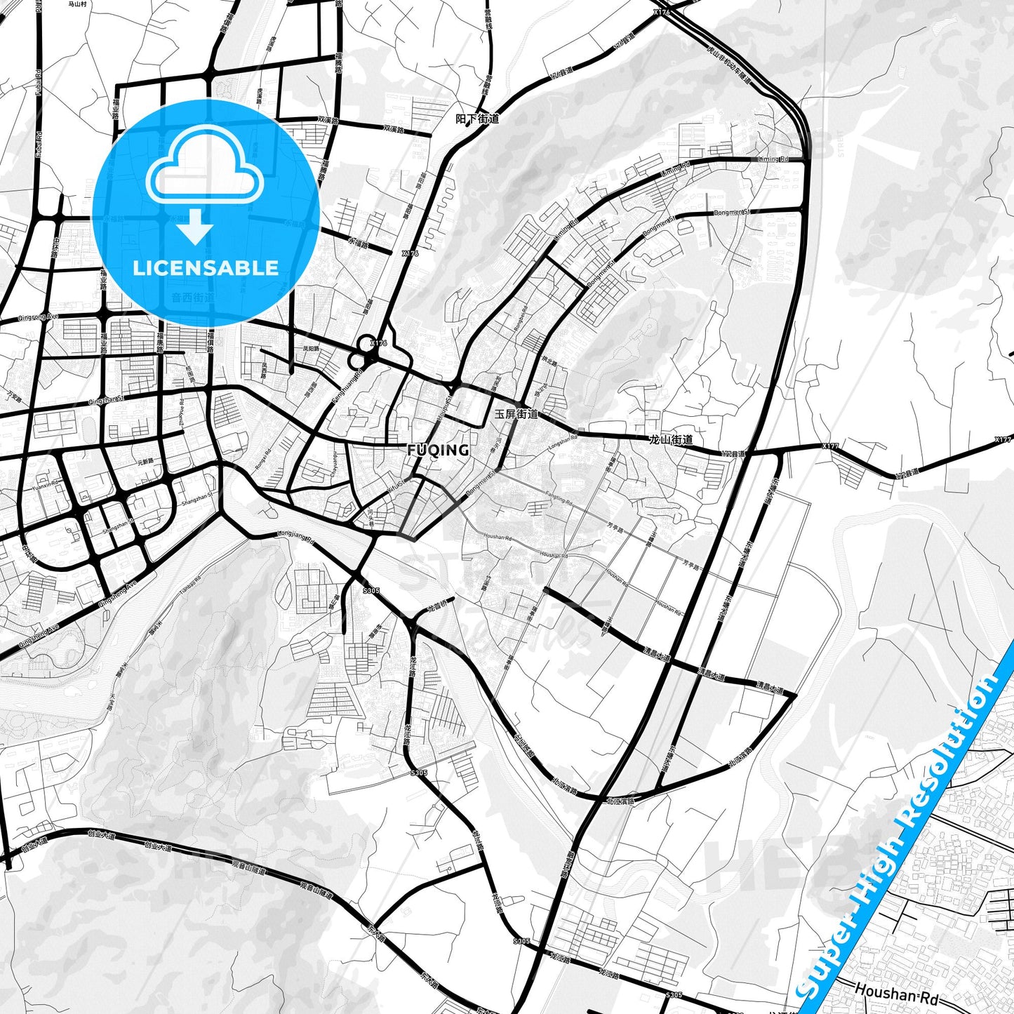 Fuqing, China Light Map with Street Names, City Names, and Districts