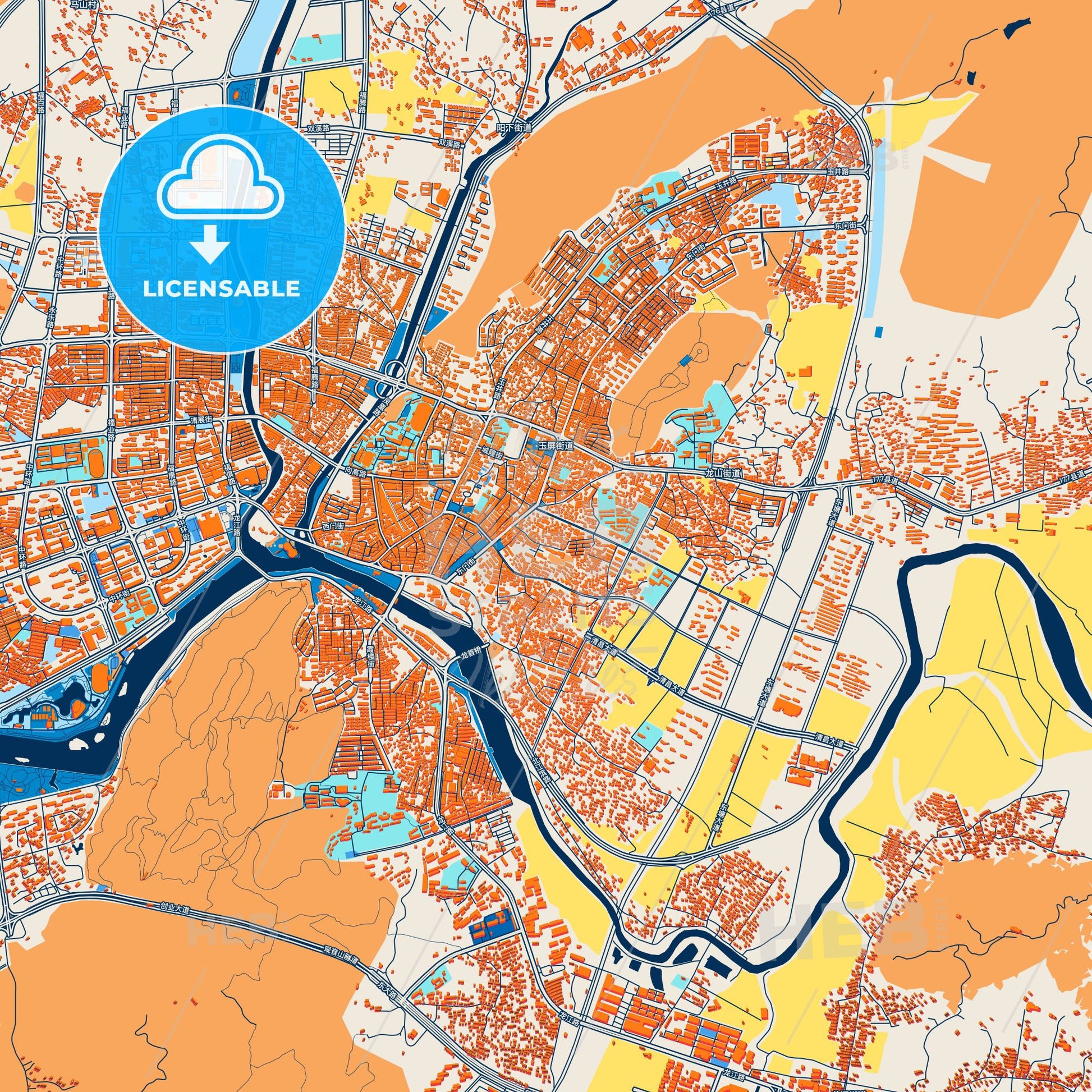 Colorful Fuqing Street Map with Labels and Buildings