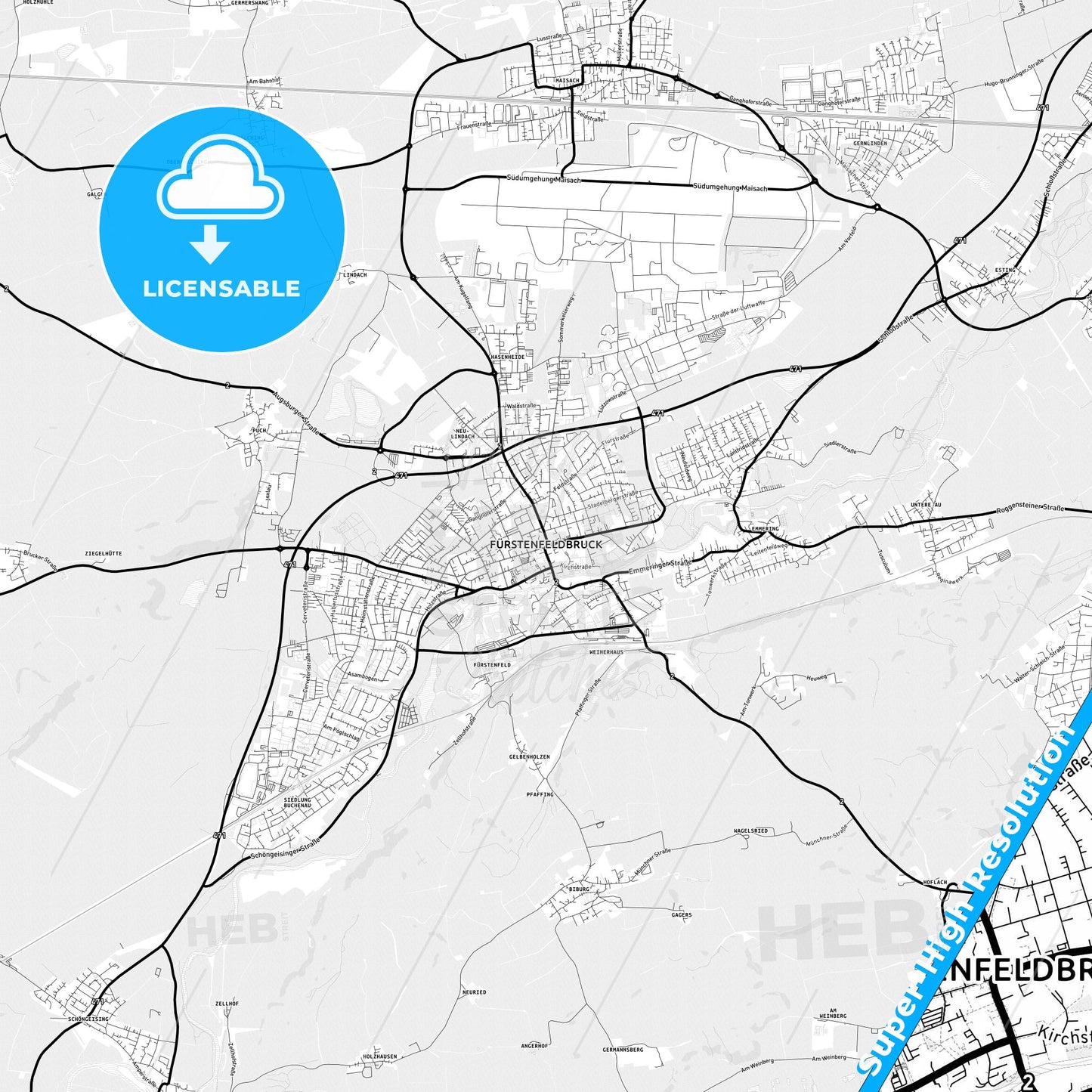 Furstenfeldbruck, Germany Light Map with Street Names, City Names, and Districts