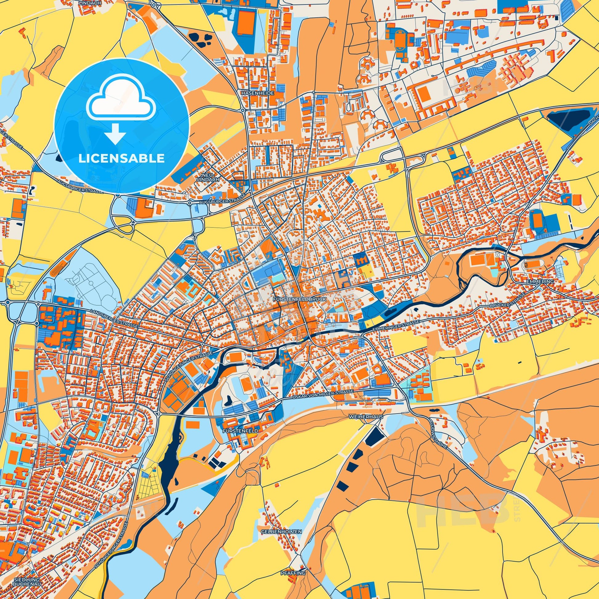 Colorful Furstenfeldbruck Street Map with Labels and Buildings