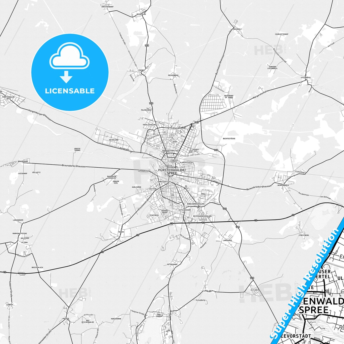 Furstenwalde/Spree, Germany light map with streetnames, citynames and districts