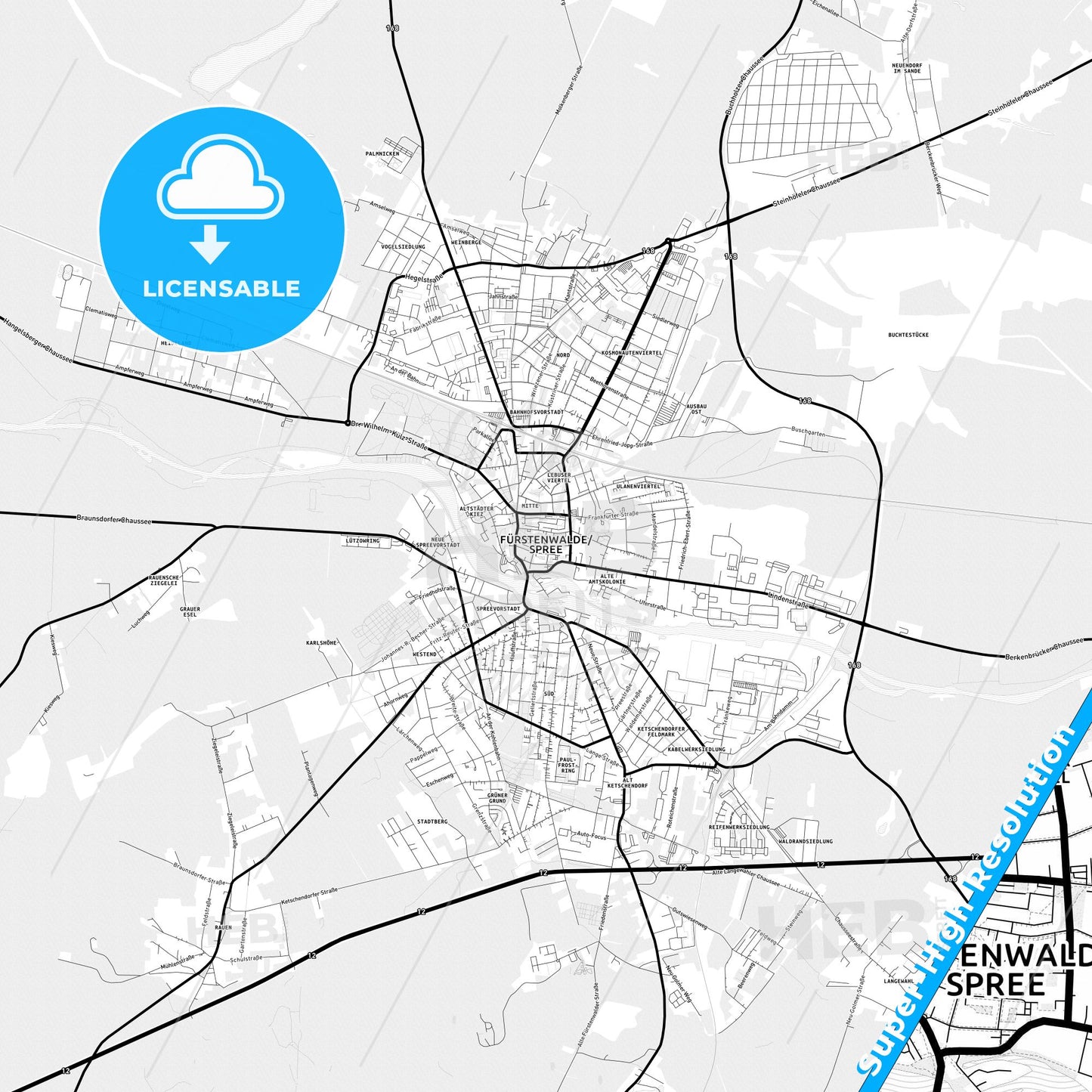 Furstenwalde/Spree, Germany Light Map with Street Names, City Names, and Districts