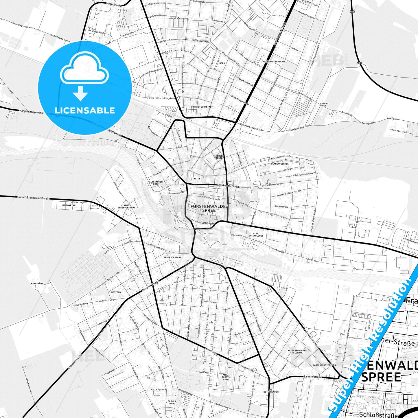 Furstenwalde/Spree, Germany Light Map with Street Names, City Names, and Districts