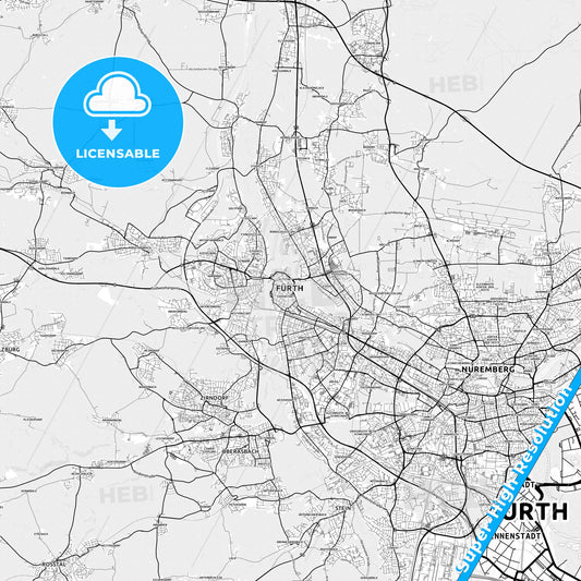 Furth, Germany light map with streetnames, citynames and districts
