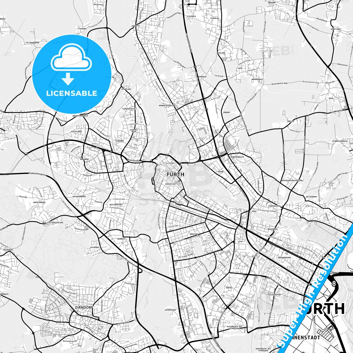 Furth, Germany Light Map with Street Names, City Names, and Districts