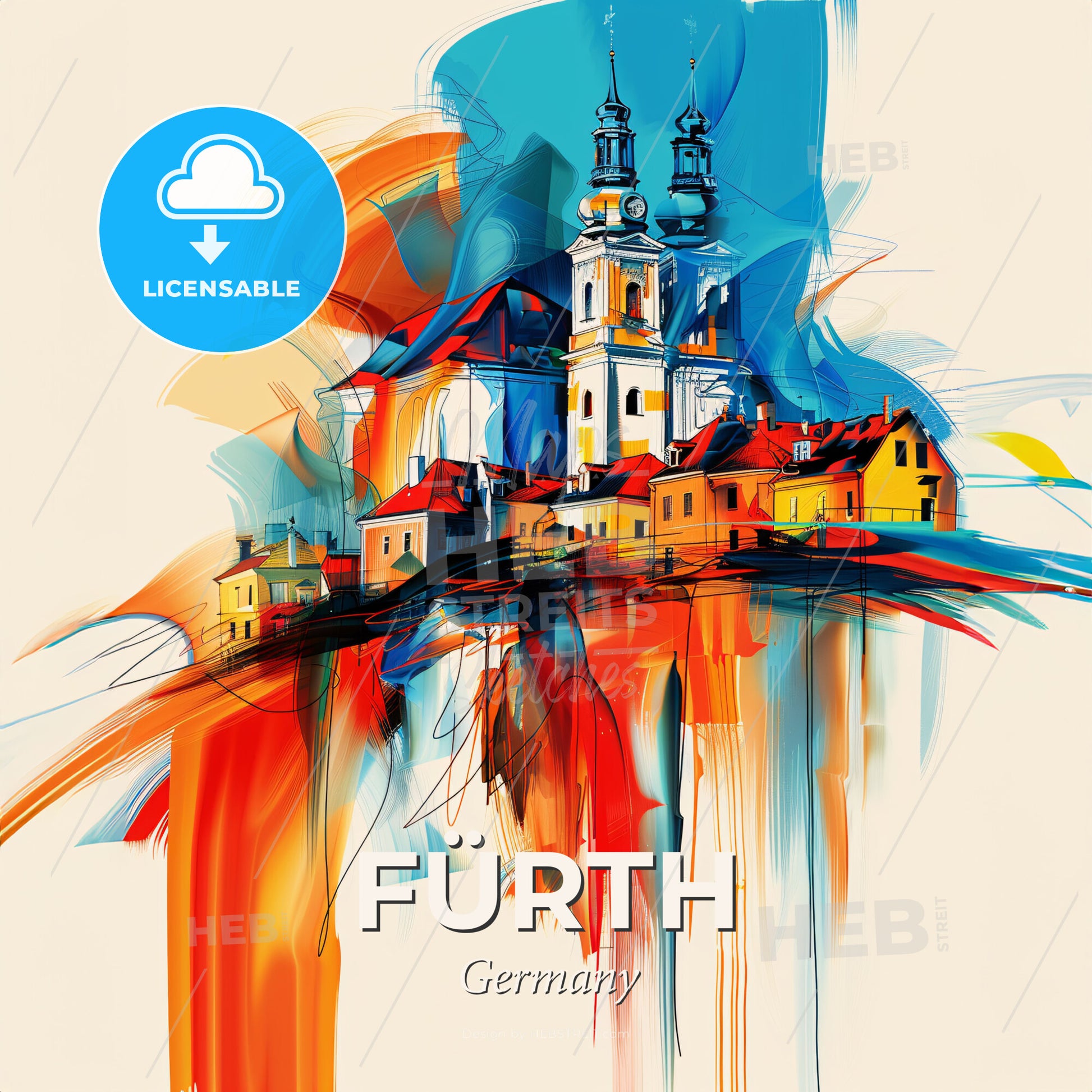 Vibrant Fürth, Germany - A Painting Of A Skyline With A Colorful Building - Square format print template