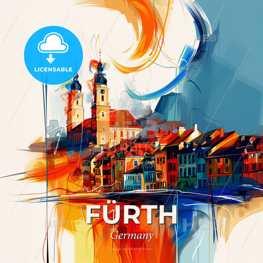 Vibrant Fürth, Germany - A Painting Of A Town With A Church - Square format print template