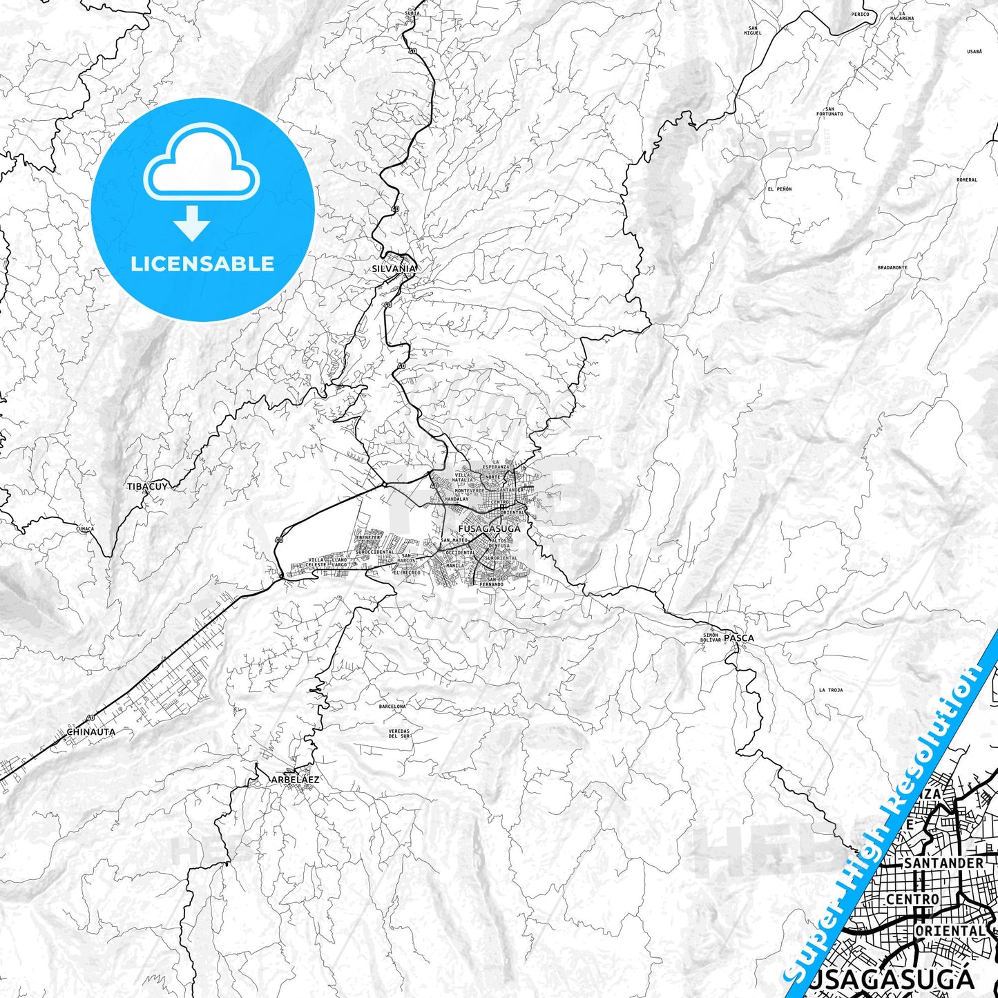Fusagasuga, Colombia light map with streetnames, citynames and districts