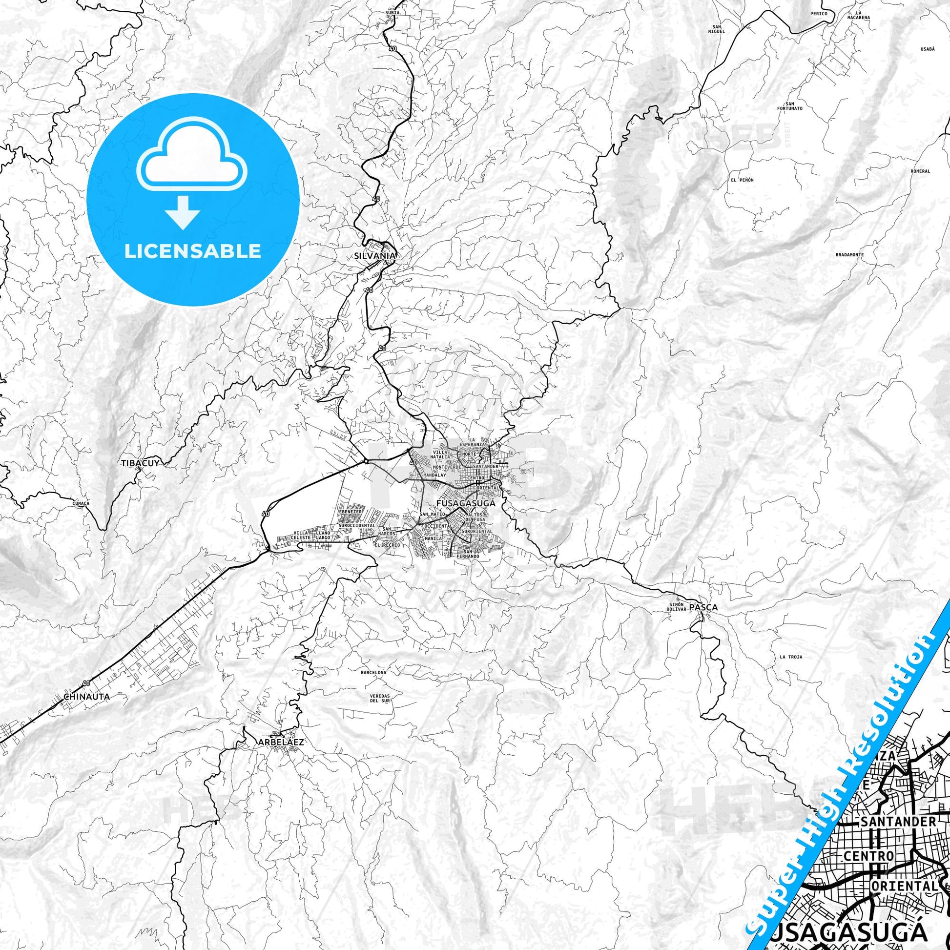 Fusagasuga, Colombia light map with streetnames, citynames and districts