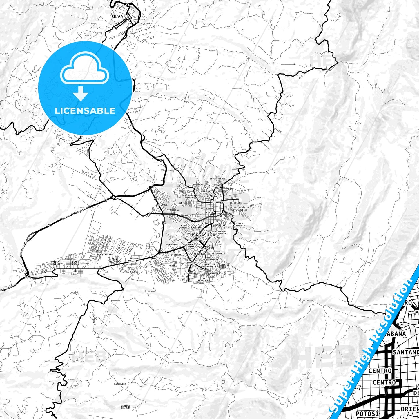 Fusagasuga, Colombia Light Map with Street Names, City Names, and Districts