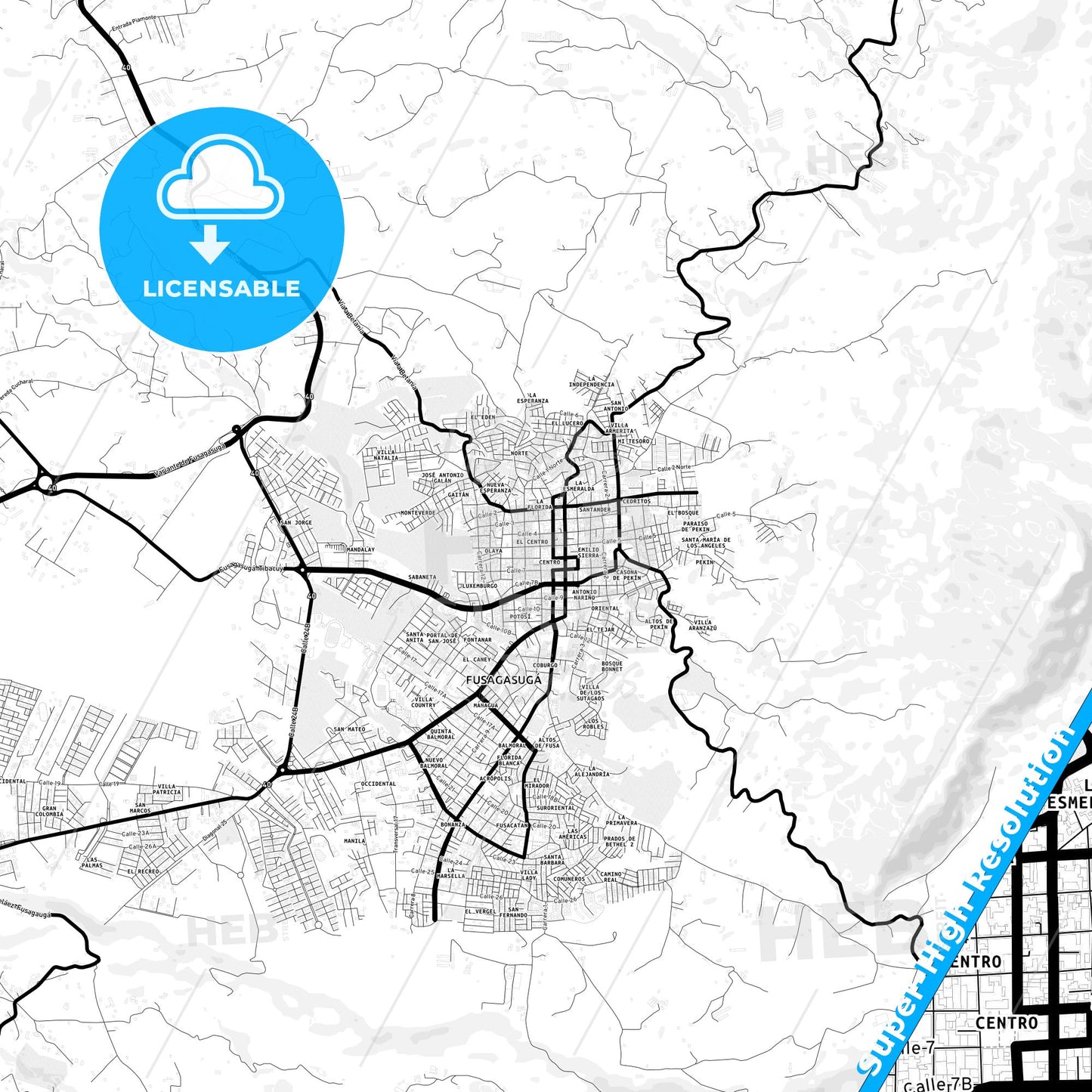 Fusagasuga, Colombia Light Map with Street Names, City Names, and Districts