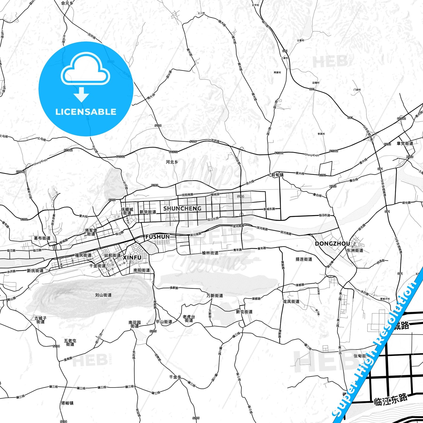 Fushun, China light map with streetnames, citynames and districts