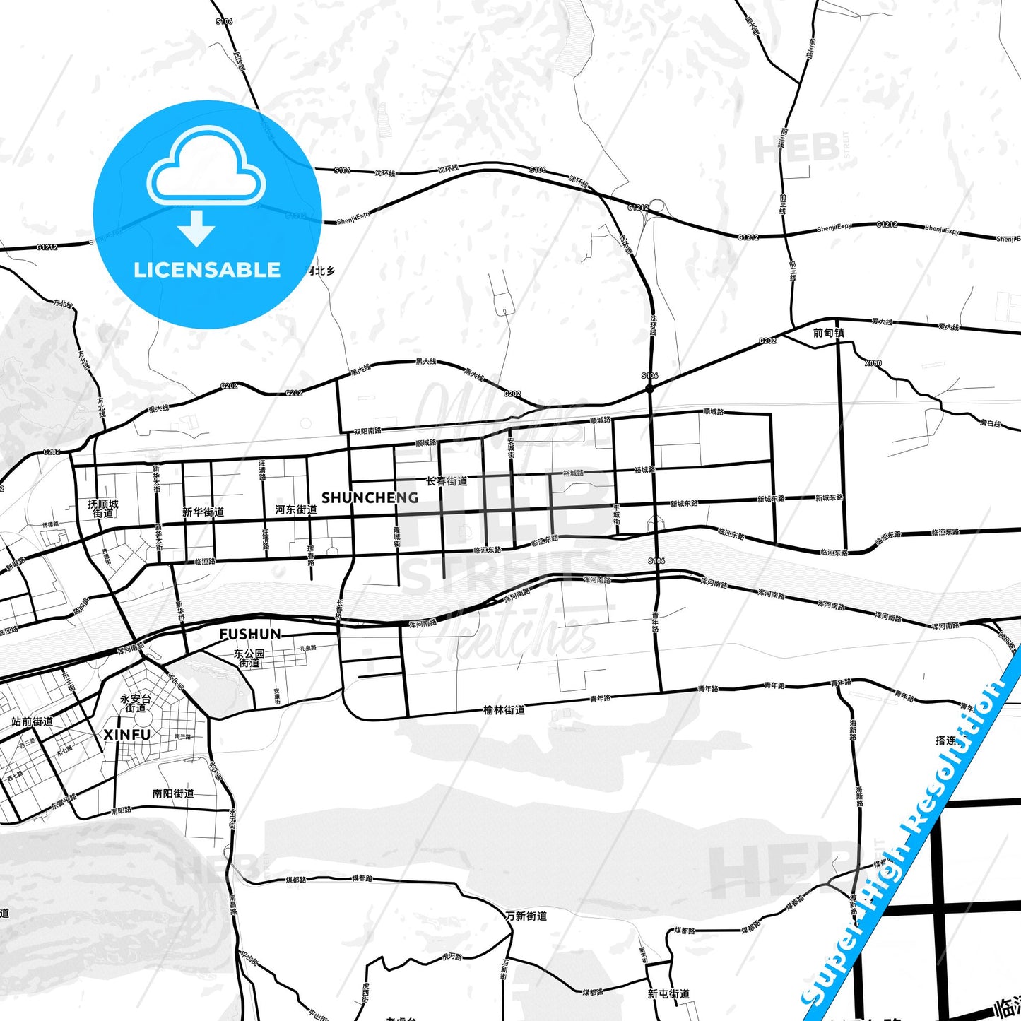 Fushun, China Light Map with Street Names, City Names, and Districts