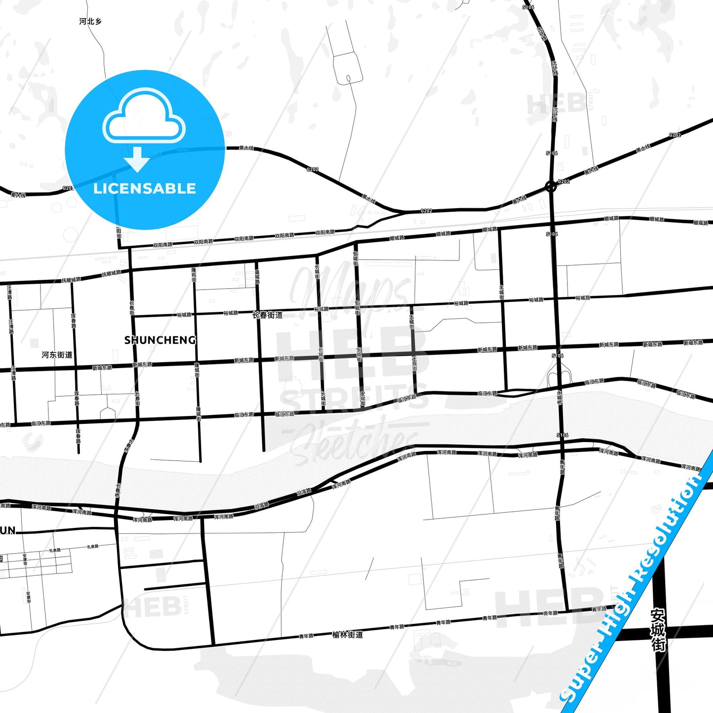 Fushun, China Light Map with Street Names, City Names, and Districts