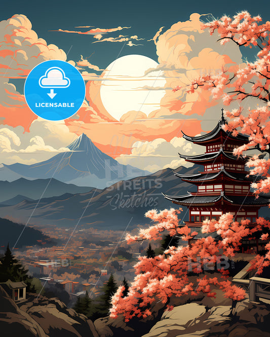 Painting of Pagoda Mountains Chinese Fushun Skyline Art Culture Landscape